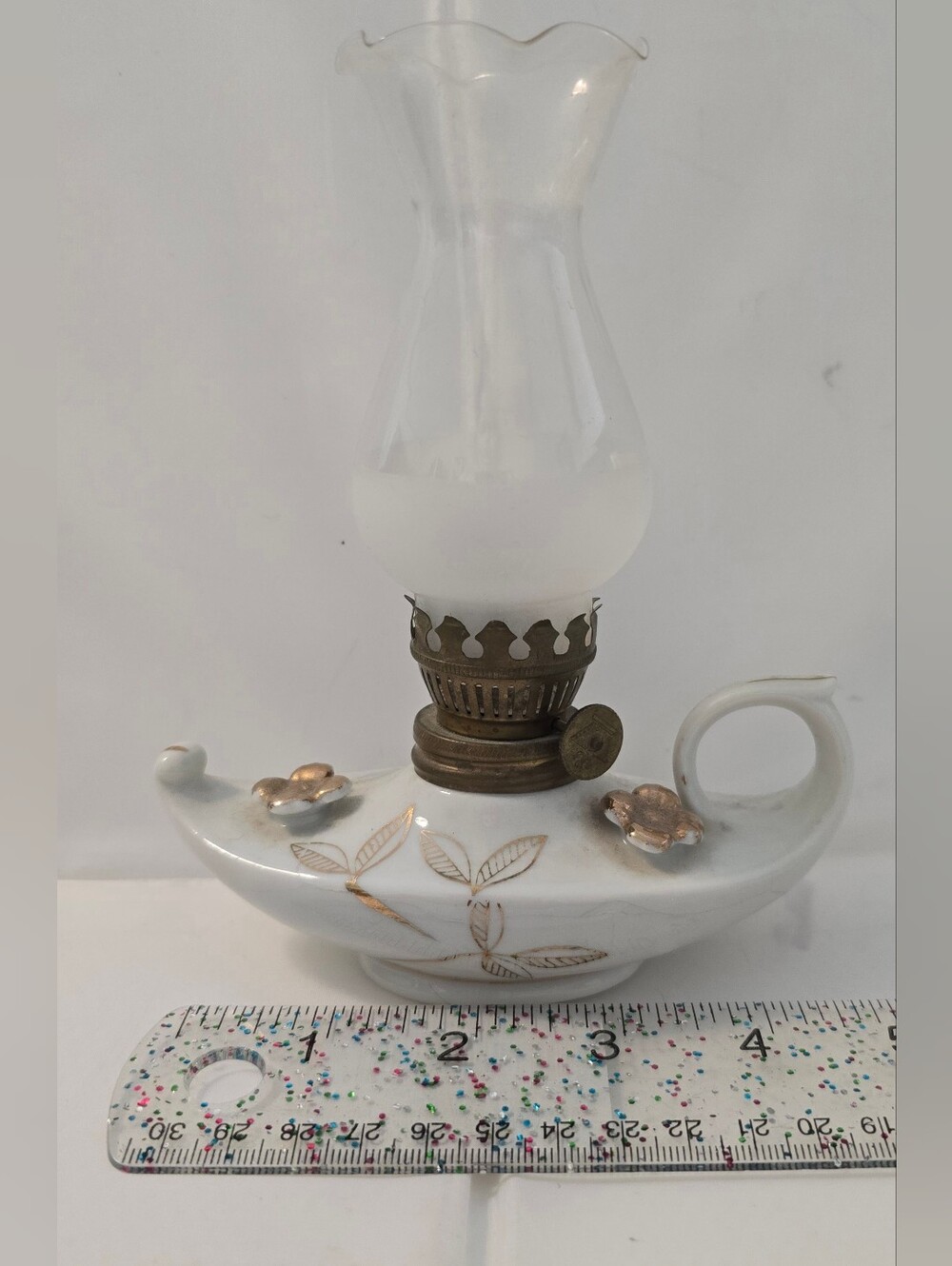 Vintage Miniature Porcelain Oil Lamp with Frosted Glass Chimney – Floral Gold De